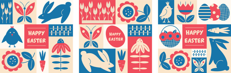 Set of Happy Easter or spring themed motifs poster in Modern geometric abstract style. For Holiday covers, posters, banners, greeting card. Cute bunny, chick, egg, flowers in bright colours