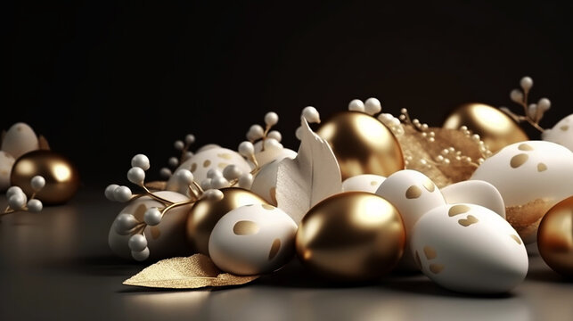 Happy Easter Luxury background with golden and white eggs. Generative AI.