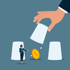 Woman pointing to a cup to reveal money coin profit. Gambling risk. Flat vector illustration