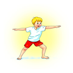 Kids Yoga Joga für Kinder, Asana Held, Freizeit, Hobby, Achtsamkeit. Junge barfuß in Yoga Haltung, macht fröhliches Gesicht, lächelt, ist entspannt, erholt sich. Freude und Ausgeglichenheit