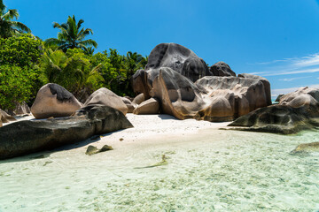 Fascinating rock formations on the beach of the Seychelles.