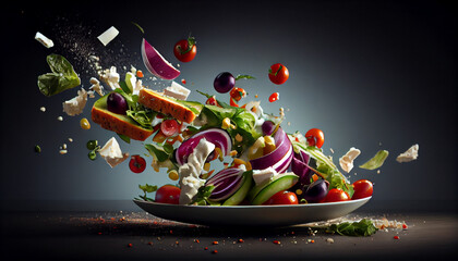 flying salad isolated on background. Greek salad: red tomatoes, pepper, cheese, lettuce, cucumber and olives, AI Generated