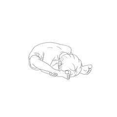 Kids Yoga Joga für Kinder, Asana Muschel, Freizeit, Hobby, Achtsamkeit. Junge barfuß in Yoga Haltung, macht fröhliches Gesicht, lächelt, ist entspannt, erholt sich. Ausmalbild schwarz weiß