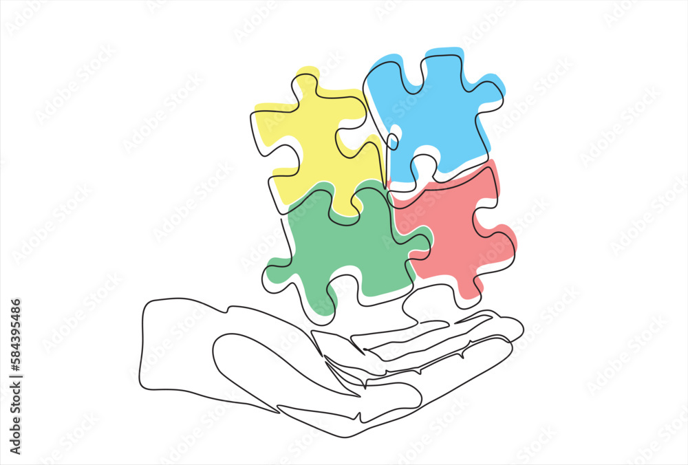 Poster continuous one line drawing of hand holding groupe of puzzle. business matching - connecting puzzle 