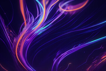 Fototapeta premium Abstract background with purple and blue light streaks, futuristic vibrant lines graphic on dark background. Design element for banner, website header. Generative AI.