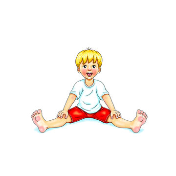 Kids Yoga Joga für Kinder, Asana Pfau, Freizeit, Hobby, Achtsamkeit. Junge barfuß in Yoga Haltung, macht fröhliches Gesicht, lächelt, ist entspannt, erholt sich. Freude und Ausgeglichenheit