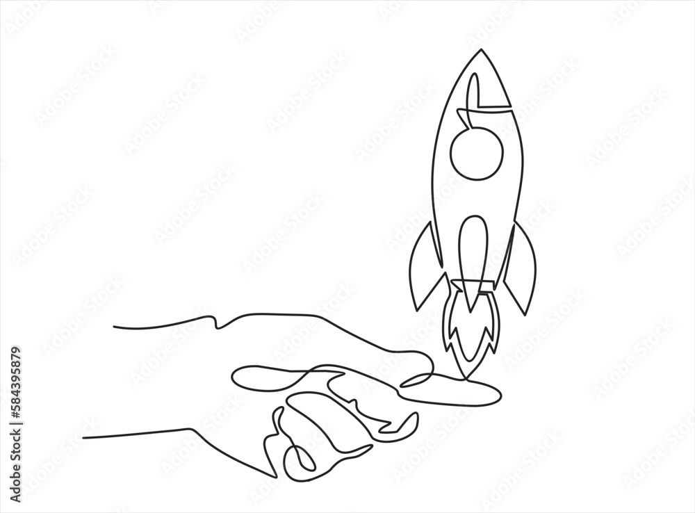 Poster continuous one line drawing of hand launching rocket, ship. continuous line drawing. startup busines