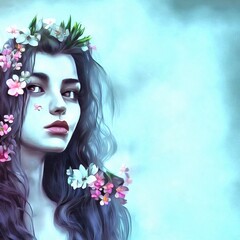 Illustration of beautiful woman with flowers in hair portrait painting on paper canvas. Generative AI