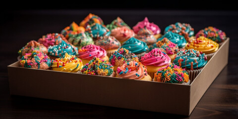 A box of cupcakes decorated with vibrant colors and colorful sprinkles generated by AI