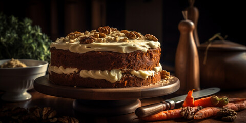 A carrot cake with cream cheese frosting generated by AI