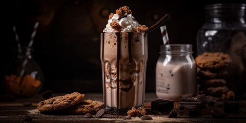 A chocolate milkshake with whipped cream and cookie chunks generated by AI