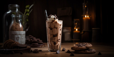 A chocolate milkshake with whipped cream and cookie chunks generated by AI