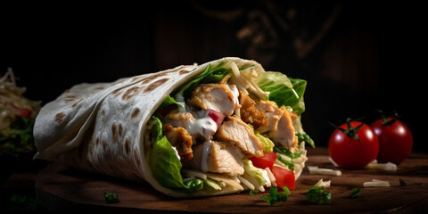 A chicken wrap with lettuce, tomato, and yogurt sauce generated by AI