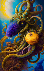 Fototapeta premium An ancient water dragon, monster of the ocean, dragon of the ocean, yellow dragon with tentacles, tentacles