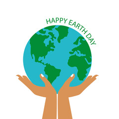 Cartel de Feliz día de la Tierra.  Manos sosteniendo el mundo sobre un fondo blanco aislado. Vista de frente y de cerca. Concepto: Planeta medio ambiente. Conciencia ecológica. Salva Nuestro Planeta.