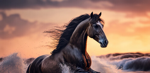 Graceful Horse at Sunset Beach - Generative AI Art