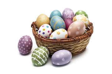 Obraz na płótnie Canvas Colorful easter eggs in a basket, isolated on white background. Minimal Easter concept. Generative ai and digital editing.