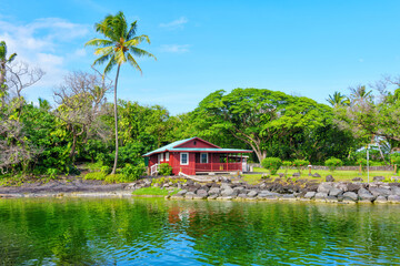 Fototapeta na wymiar Red wooden house under a lush tree by a pond in Hawaii