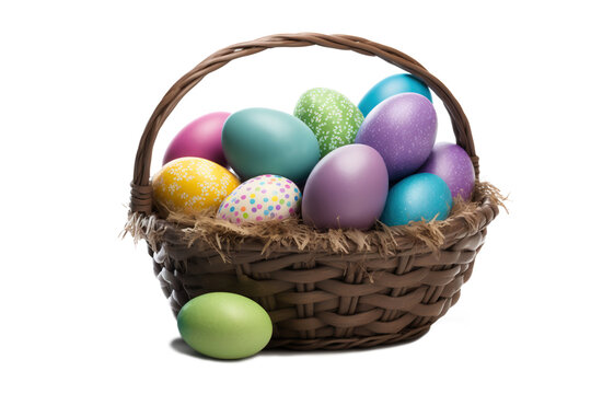 Colorful easter eggs in a basket, isolated on white background. Minimal Easter concept. Generative ai and digital editing.