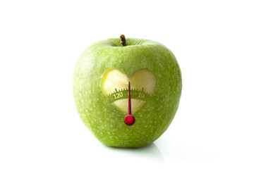 Apple simulating scale with red needle and white background