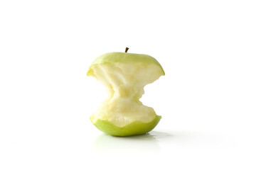 Half eaten apple reflected on white table and isolated background