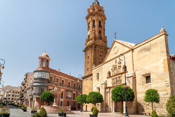 Antequare, SPAIN: June 14 2022:  Panoramic view of San Sebastian Square with the old church "San Sebastian". Situated in the center of the city close to the Castel. Travel destination in Spain