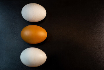 two white eggs and one brown egg lined up vertically on a black background