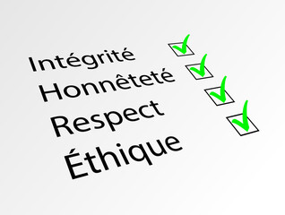 INTEGRITE HONNETETE RESPECT ETHIQUE concept avec coches