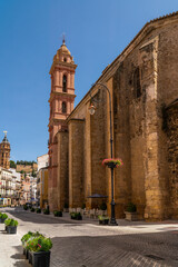 Antequera, SPAIN - June 14 2022: City center of beautiful Spanish city Antequera. Touristic travel destination in Andalucía. View of main street. In background is the Cathedral tower. 