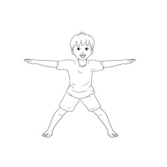 Kids Yoga Joga für Kinder, Asana Stern, Freizeit, Hobby, Achtsamkeit. Junge barfuß in Yoga Haltung, macht fröhliches Gesicht, lächelt, ist entspannt, erholt sich. Ausmalbild in schwarz weiß