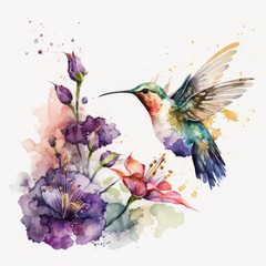 watercolor hummingbird flying and flowers , generative ai