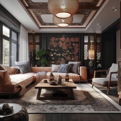 Interior design living room Japanese style recreation area abstraction, Generative AI