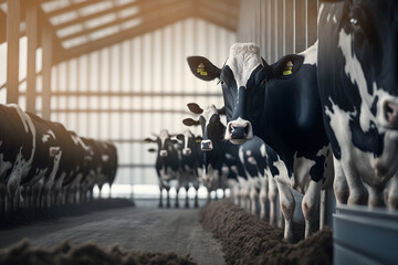 Cows livestock farm with sunlight. Banner modern agriculture industry dairy and meat production. Generation AI