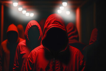 Fototapeta premium Concept devil cult ceremony, evil rite to hell. Cultists in hooded red dark background. Generation AI