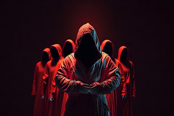Concept devil cult ceremony, evil rite to hell. Cultists in hooded red dark background. Generation AI