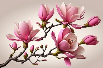 Beautiful pink spring magnolia flowers on a tree branch isolated on background, generative ai