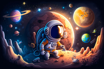 Astronaut in a spacesuit on the background of the planet. Cartoon style. Generative AI