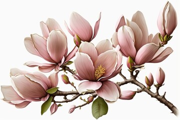 Fototapeta na wymiar Beautiful pink spring magnolia flowers on a tree branch isolated on background, generative ai