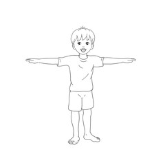 Kids Yoga - Joga für Kinder, Asana Drehung, Freizeit, Hobby, Achtsamkeit. Junge barfuß in Yoga Haltung, macht fröhliches Gesicht, lächelt, ist entspannt und erholt sich. Schwarz weiß Bild, Ausmalbild