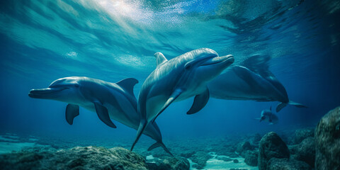 Friendly dolphins underwater scene. Marine wild animals illustration. Web banner template. Generated with ai. - obrazy, fototapety, plakaty