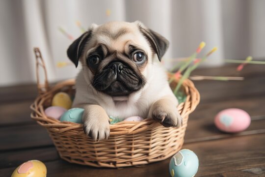 Chubby pug puppy seating in wicker basket with Easter eggs. Greeting card. Indoor background. Springtime holiday. Generated with AI.