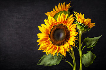 Large sunflower with green leaves on black background with black background. Generative AI.
