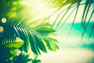 Close up of palm tree with the sun shining through the leaves. Generative AI.