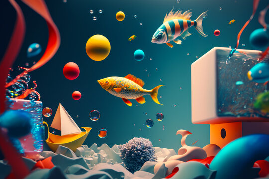 Computer screen with fish and boat in the water and bubbles in the air. Generative AI.