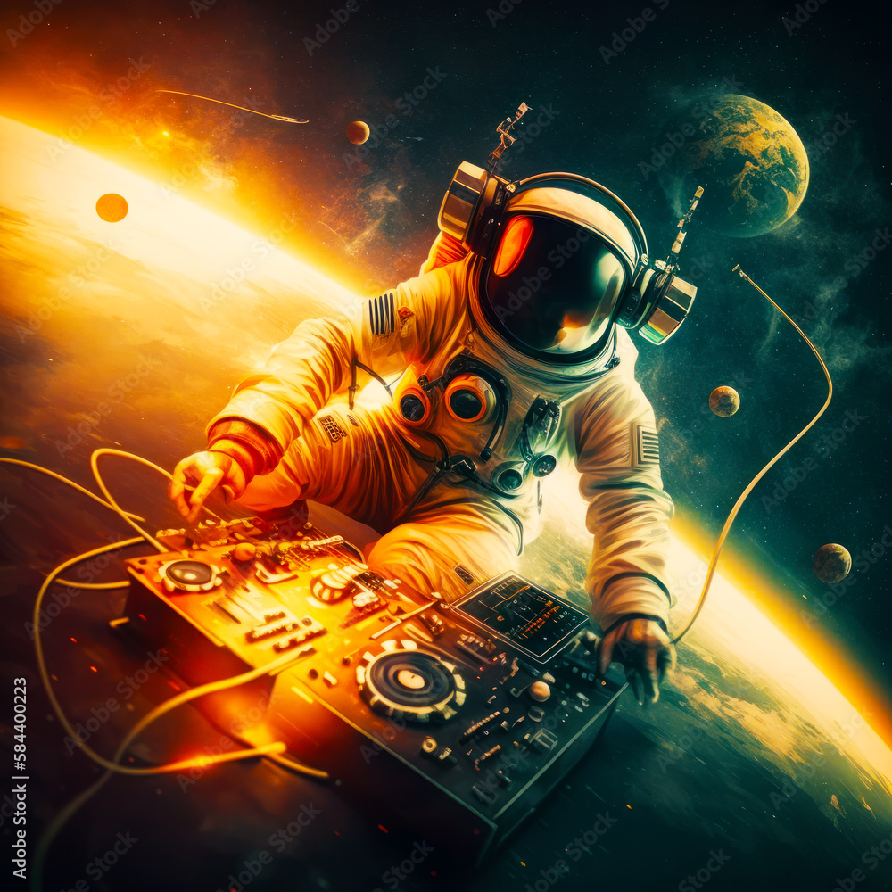 Poster man in astronaut suit playing music on turntable in space. generative ai.