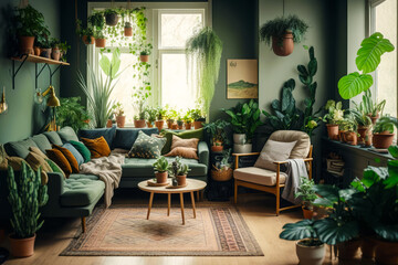 Fototapeta na wymiar Living room filled with lots of plants and rug on the floor. Generative AI.