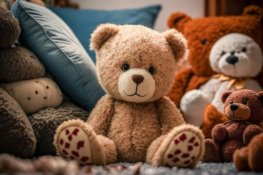 Brown teddy bear sitting on top of bed next to two other teddy bears. Generative AI.