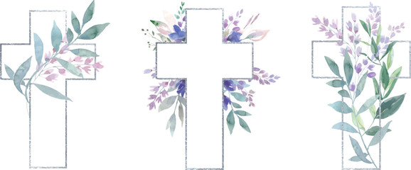 Vector Watercolor Easter cross clipart. Floral crosses illustration, Easter painted cross, Christian vector Cross made of green leaves and roses. PNG crosses, Festive Holidays, spring. - obrazy, fototapety, plakaty