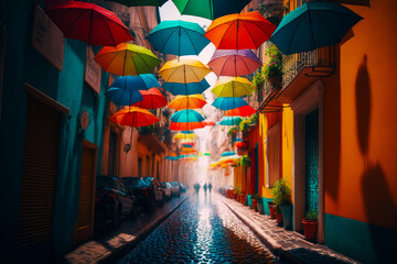 Fototapeta na wymiar Group of colorful umbrellas hanging from the ceiling of alleyway in city. Generative AI.