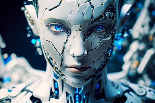 Woman's face with blue eyes and white body with blue and gold parts. Generative AI.